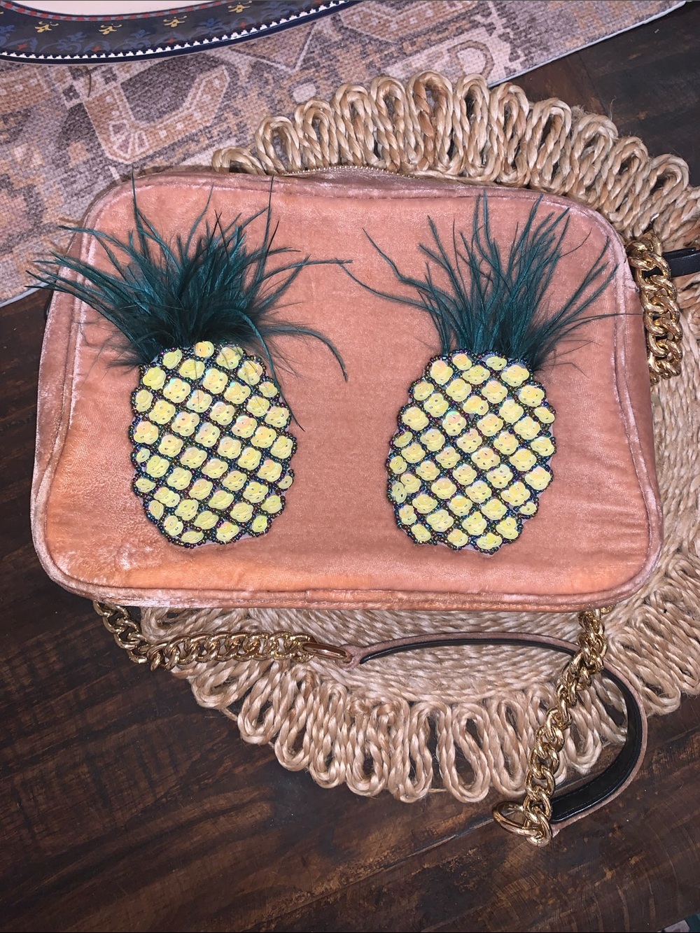 Kurt Geiger Velvet Pineapple Appliqué Crossbody Bag - Tan Beige Purse - Picture 6 of 14